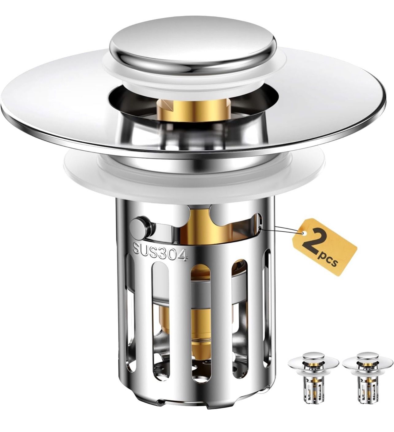 (2 Pc) Bathroom Sink Stopper-All Metal Sink Stopper-Universal Fit 99% Bathroom Sink Stopper with Removable Stainless Steel Hair Catcher-Bathroom Sink