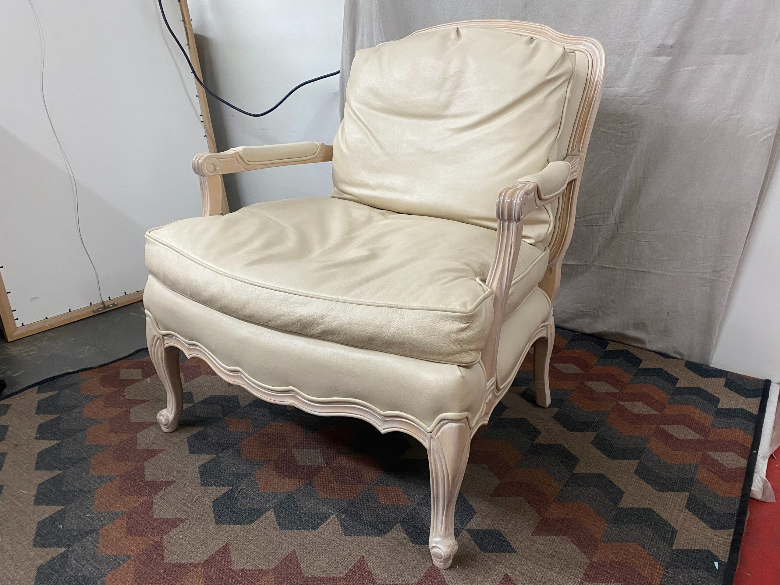 SAM MOORE French Style Cream Armchair w/ Carved Wood Frame