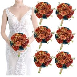 New Set of 6 Bridesmaids Bouquets for Wedding - 7 inch Artificial Flower Bridesmaid Bouquet Silk Rose Small Floral Bouquet for Bridesmaids Fall Weddin