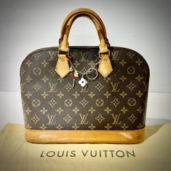 Authentic Louis Vuitton Alma Satchel Purse MM Monogram With Dust Bag and Charm