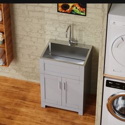 24-Inch Laundry Sink with Cabinet and Pull-Out Sprayer Faucet, Stainless Steel Utility Sink with Cabinet, Grey Cabinet with Sink for Laundry & Utility