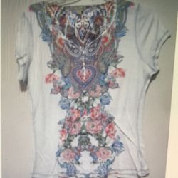 One World Live and Let Live Shirt Womens XL White Boho Floral Short Sleeve Shirt