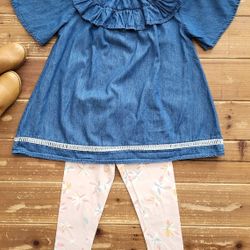 4T-5T 2-PIECE SET RUFFLY CHAMBRAY TUNIC W/ COORDINATING LIGHT PINK FLORAL LEGGING 