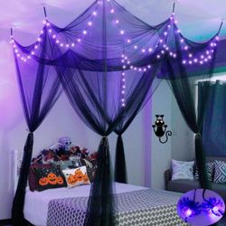 Black Bed Canopy with Lights Halloween Decorations, Bed Curtains with 100 LED Purple Spider String Lights Black Scary Spooky Fabric for Halloween Haun