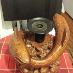 ANTIQUE DOUBLE KOI FISH WOOD CARVED TABLE/BEDSIDE LAMP