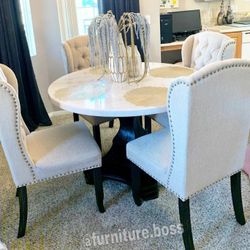 5pc Dinette - Round Marble Table With 4 Beige Chairs