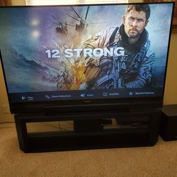 Mitsubishi DLP 73 inch Home Cinema Television w/ Stand , Samsung Blue  Ray, and Polk Audio Sub Woofer