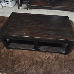 Dark Wood Coffee Table w/ Storage Shelf – Solid & Stylish