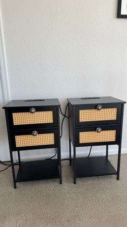 Pair of Black Rattan Nightstands with Charging Station