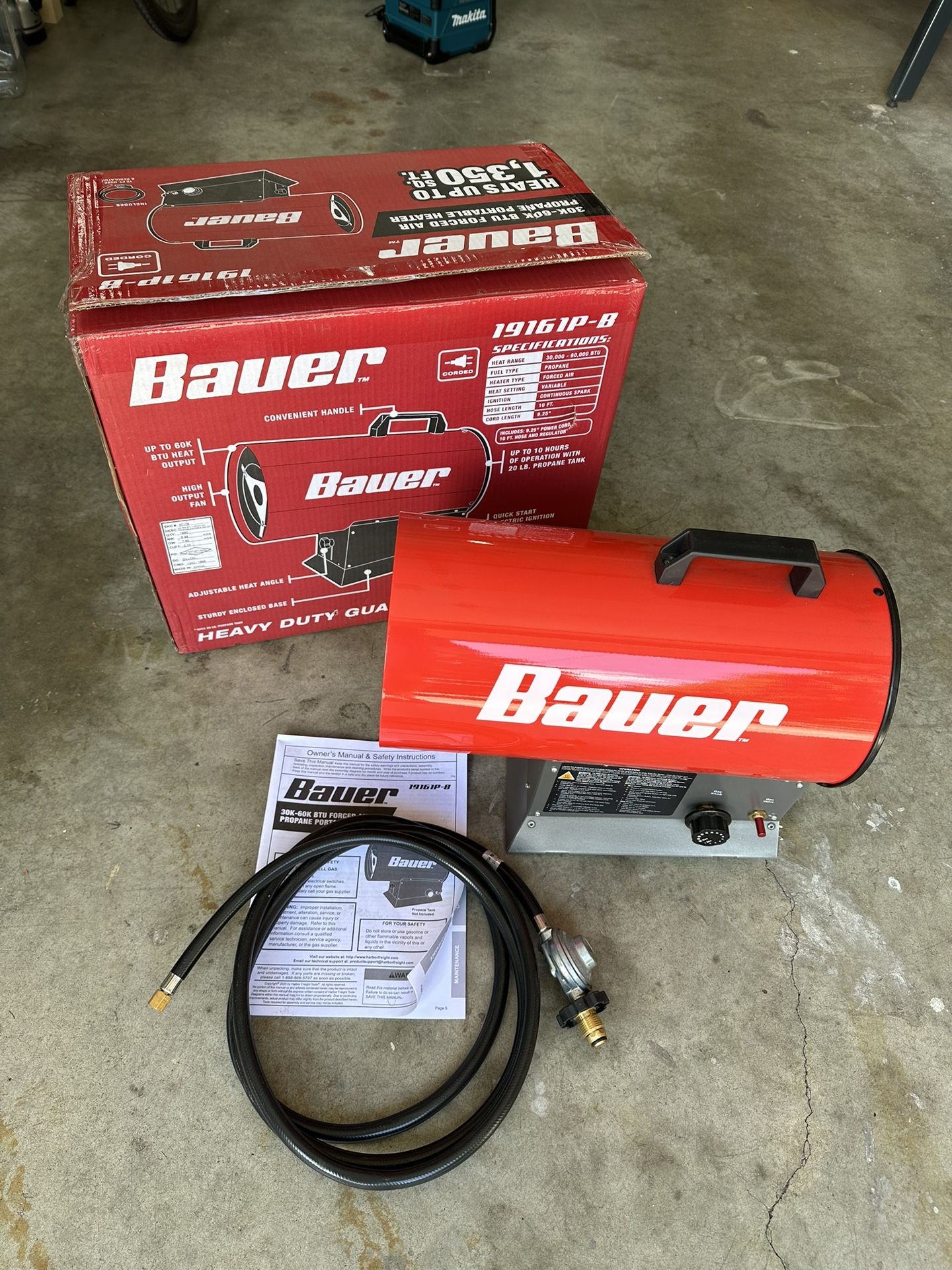 Bauer 60,000-BTU propane forced-air heater – lightly used, $60 OBO