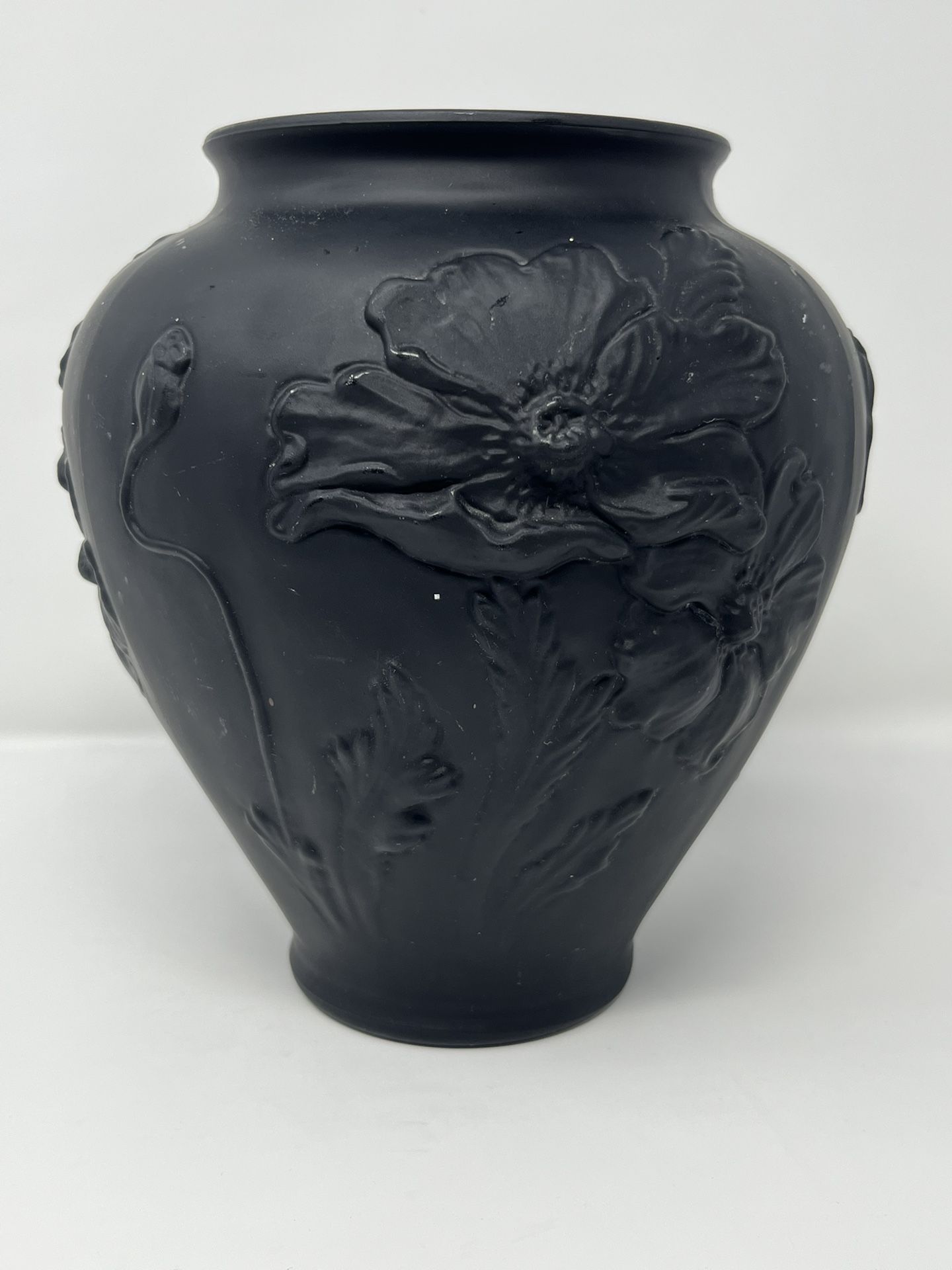 Vintage Tiffin Matte Black Vase with Raised Floral Relief – Art Deco Style