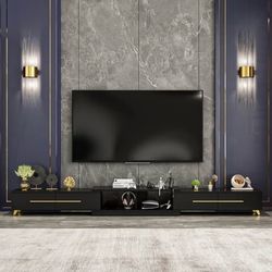 Modern/Contemporary Black 133.9-in W TV cabinet Black & Gold TV Unit TV Stand Entertainment Center