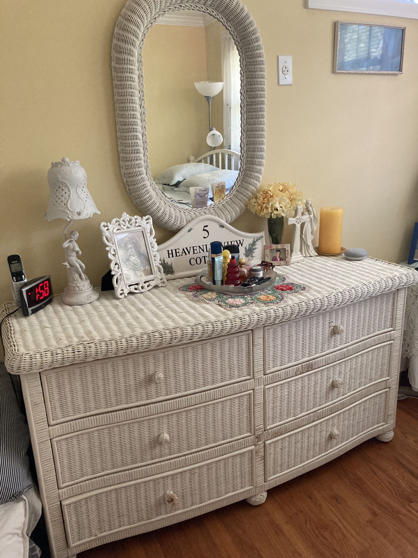 White Wicker Double Dresser, matching Mirror And Lamp 