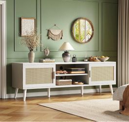 White Rattan-Style TV Stand / Media Console with Storage