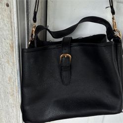Black Pebbled Shoulder Bag Braided Strap Gold Buckle Accent Outer Pocket