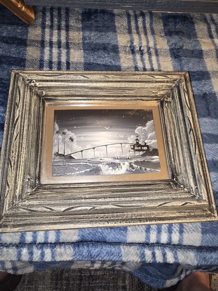 Small Framed Black and White Bridge Seascape Painting OnMirror