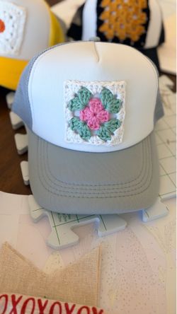 Gray & White Trucker Cap with Crochet Patch