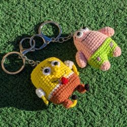 SpongeBob+Patrick Star Handmade Crochet Doll Yarn Keychain/Pendant 2-Pc Set New