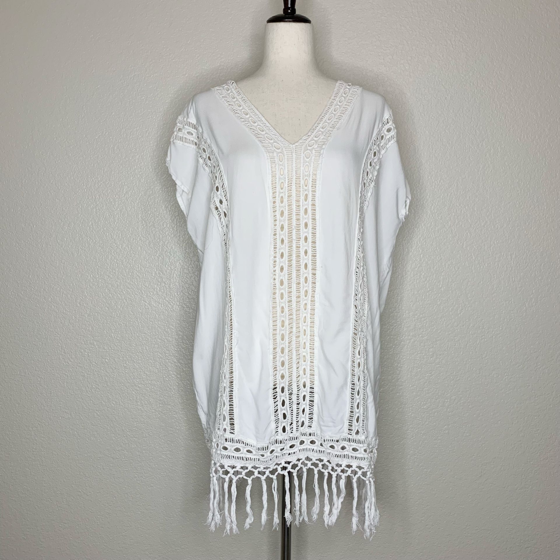Boho Me White Eyelet Crochet Fringe CoverUp