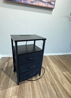 Black Nightstand with 3 Drawers and Charging Station