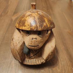 Vintage Hand Carved Coconut Monkey W/ Glasses Hand Made Hawaii Souvenir