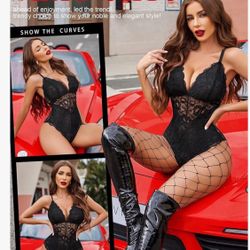 Womens Sexy Lace Bodysuit Deep V Snap Crotch Teddy One Piece Lace Babydoll Lingerie Black
