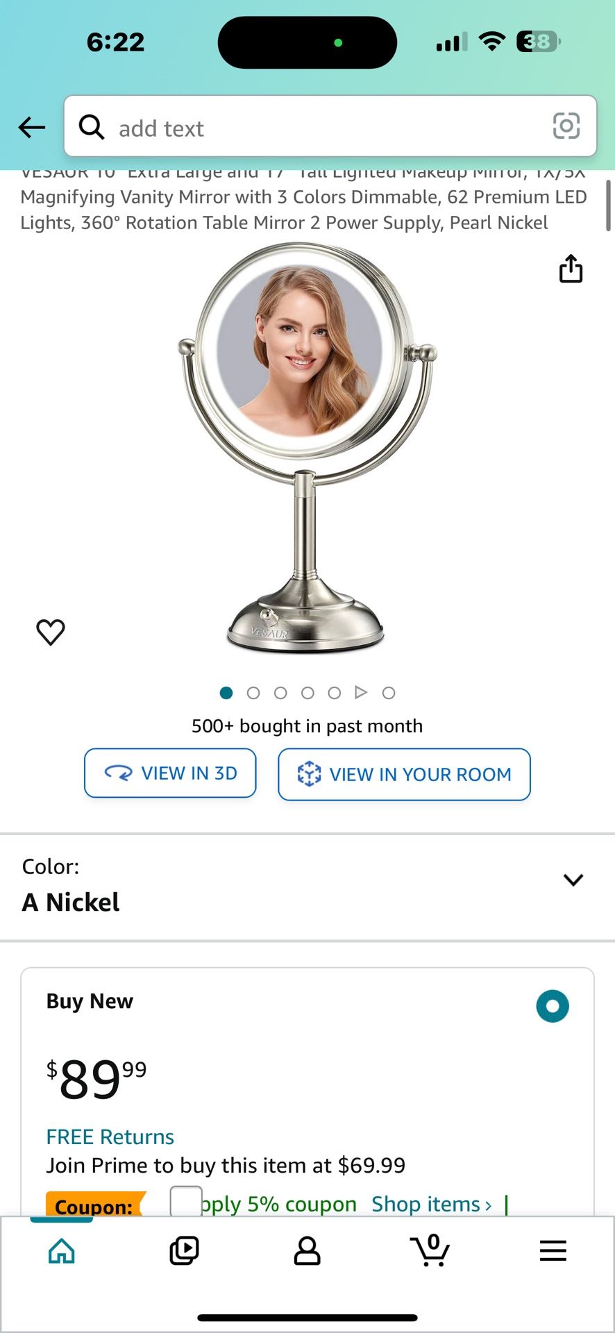 VESAUR 10" Extra Large and 17" Tall Lighted Makeup Mirror, 1X/5X Magnifying Vanity Mirror with 3 Colors Dimmable, 62 Premium LED Lights, 360° Rotation