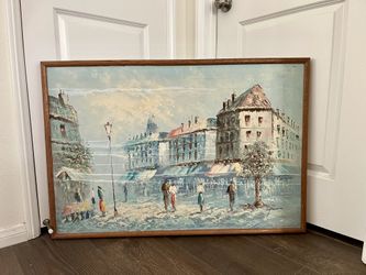 Vintage Oil Painting of Eropian Street Scene by Artist 25/38 Inches