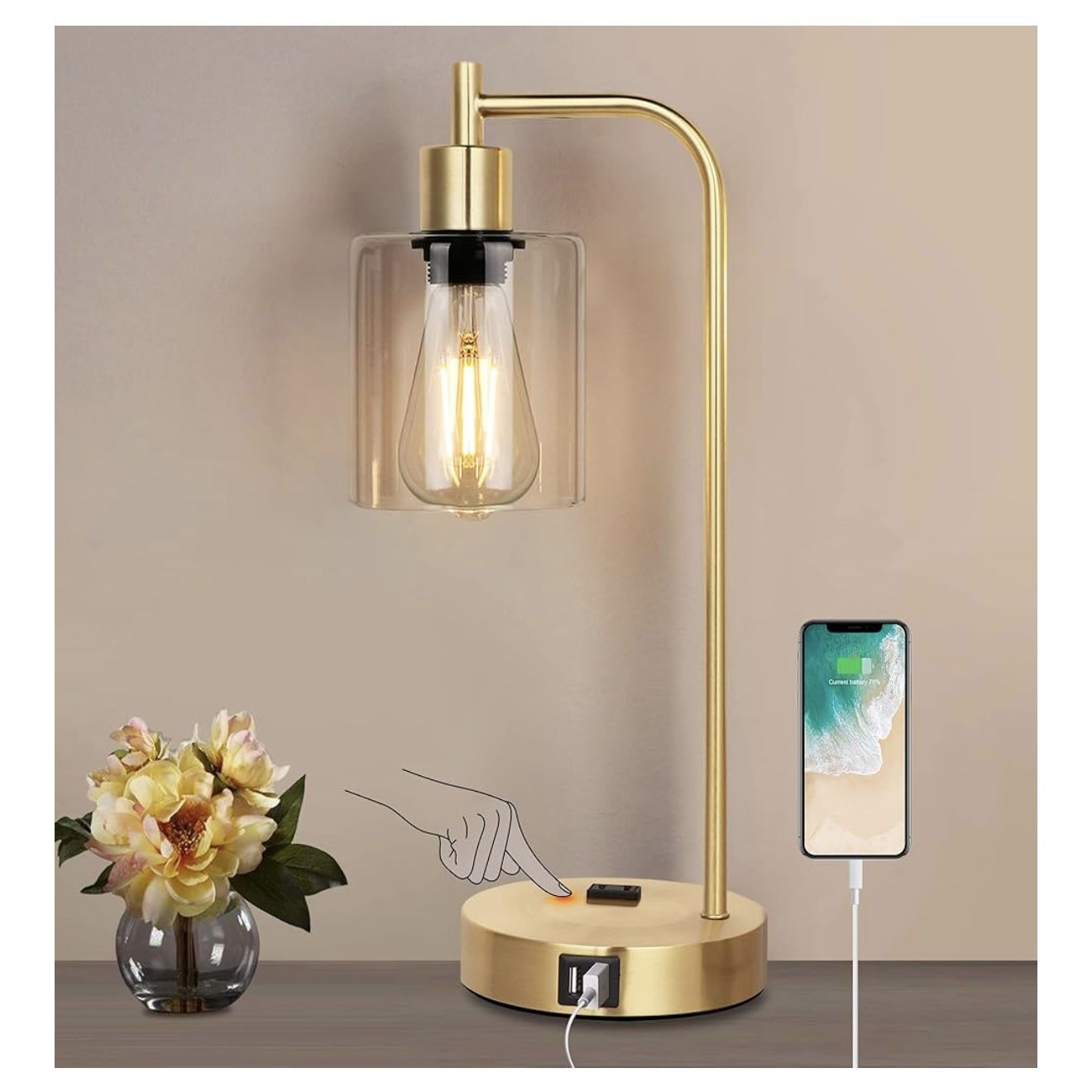 Gold Touch Control Table Lampwith 2 USB Ports and AC Outlet