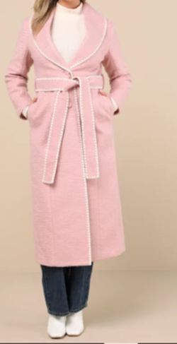 Avec Les Filles CoatBlush Pink Wrap CoatWhipstitch Trim Longline Belted XL 