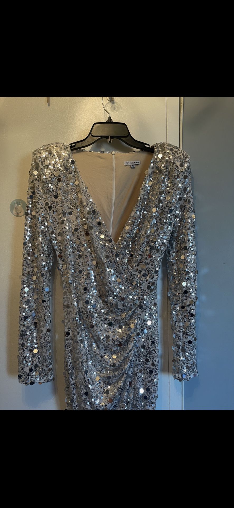 Silver Sequins Long Dress With Long Sleeves By Fashion Nova Size M