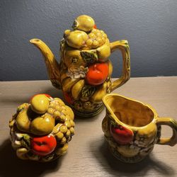 Vintage ARDCO Harvest Raised Fruit Teapot Sugar Bowl & Creamer Set Japan