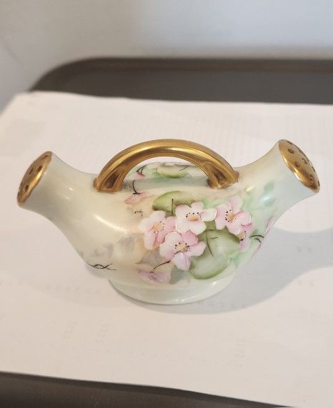 ANTIQUE German Bavarian Hand Painted Porcelain Double Spout Salt Pepper Shaker