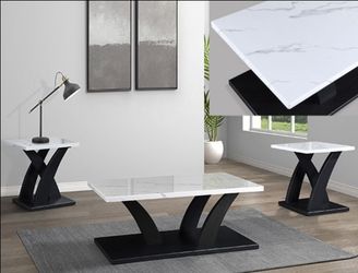 Brand New Black & White 3pc Coffee Table Set w Marble Top