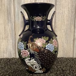 Vintage 12” Japanese Kutani Cobalt Blue Peacock Vase – Hand Painted Gold Detail