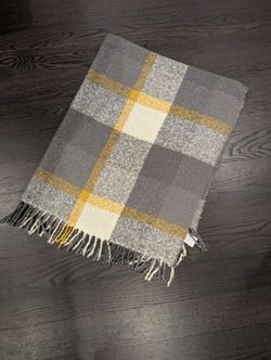 Yellow And Gray Plaid Blanket With Fringe Trim