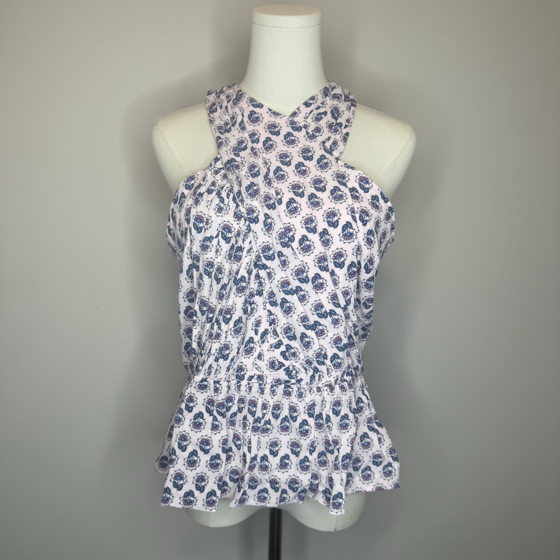 LOFT Pink Halter Peplum Top with Blue Floral Print