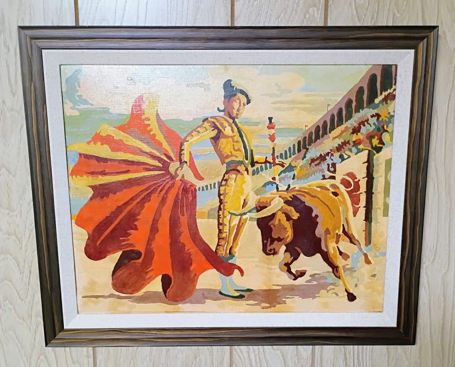 Mid Century Vintage Paint by Numbers Bull Bullfighter Torreador Wall Hanging Art