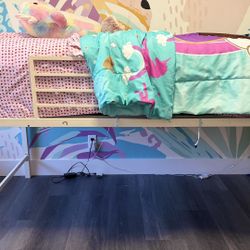 White Twin Loft Metal Bed With Guard Rail, And Ladder