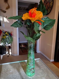 9 in tall alcohol ink on vase, green / brown