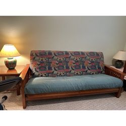 Futon Couch/Bed with End&Coffee Tables, Single Chair 2 Lamps 