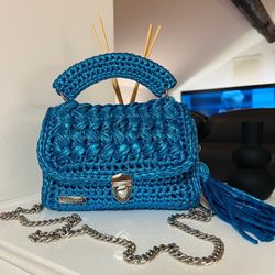 Handmade knitted Bag. Metallic Blue. New