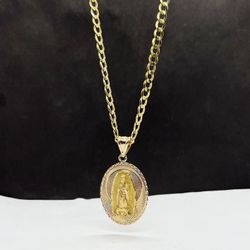 14k solid chain cubana and Virgen María and Jesús  pendant , necklance gold