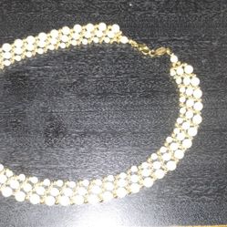 Rare Napier Gold Tone Beads Faux Pearl Triple Strand Necklace Graduating Size 