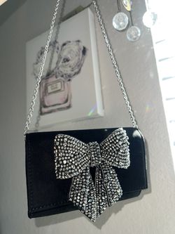 Black Rhinestone Bow Evening Bag/Clutch with Silver Chain