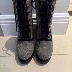 WILD DIVA Women's Black Rhinestone Lace-Up Platform Block Heel Boots