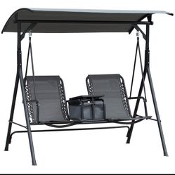 New In Box 2-Seat Outdoor Porch Swing, with Pivot Storage Table, Cup Holder, & Adjustable Overhead Canopy, Stand's Skid-Resistant Feet Pad, Breathable
