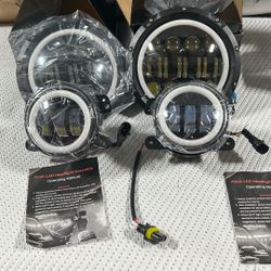 XOVY 7” LED Headlights + 4” Halo Fog Lights Kit – Jeep Wrangler JK – 4pc Set – DOT