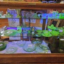 URANIUM GLASS VASELINE DISHES CUPS PLATES