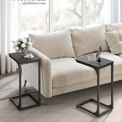 Set Of 2 C-Shaped End Table, Small Side Table for Couch, Sofa Table with Metal Frame for Living Room, Bedroom, Bedside, Ebonized Oak and 